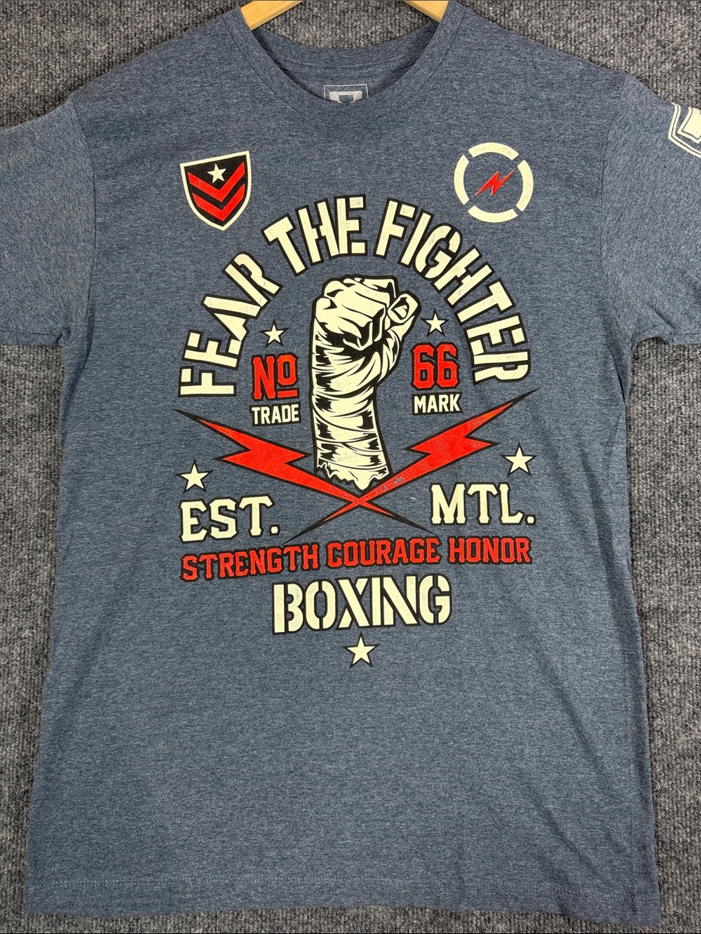 Fear The Fighter Boxing Strength Courage Honor Blue Graphic T-Shirt M